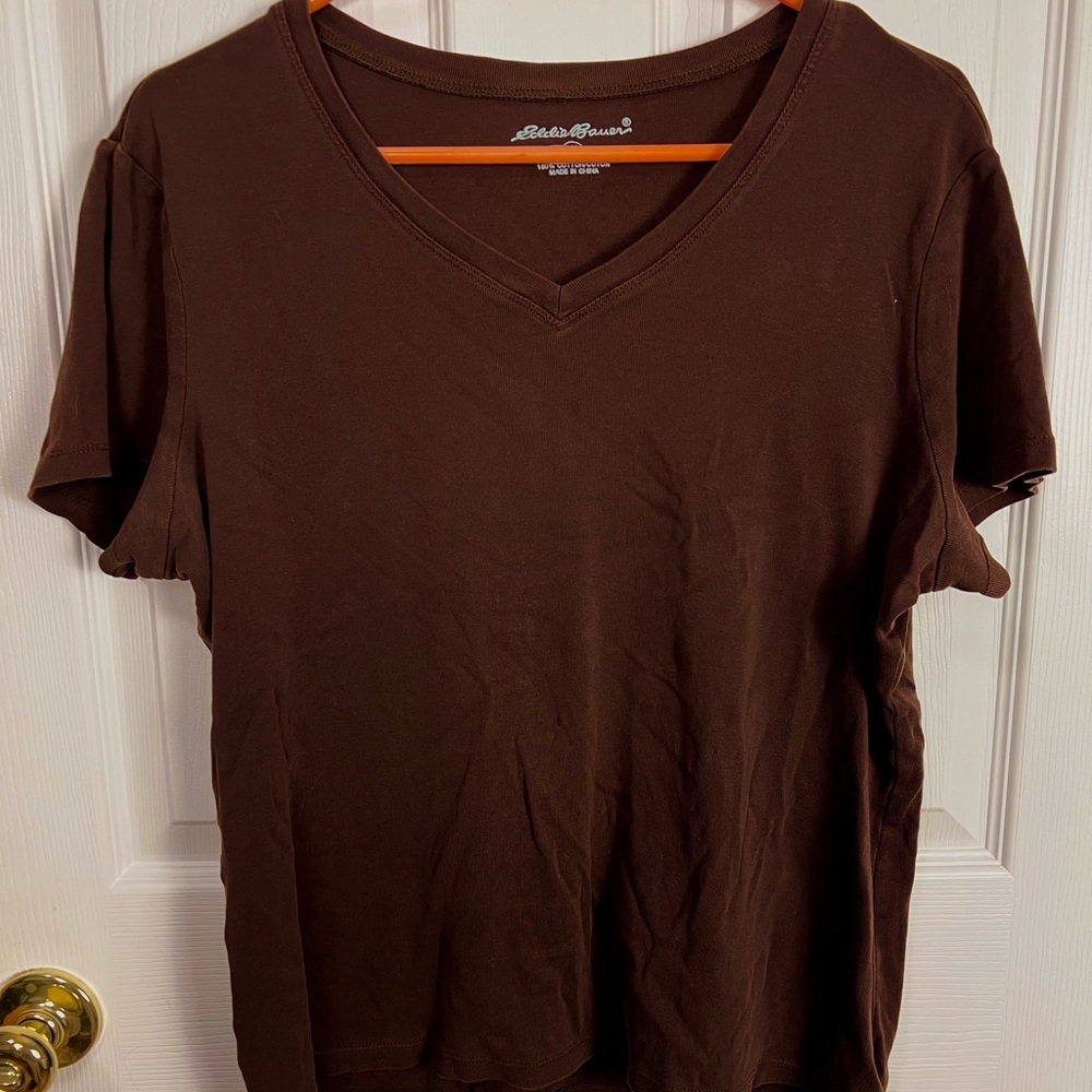 Eddie Bauer XL V-Neck Cap Sleeve Tee Brown